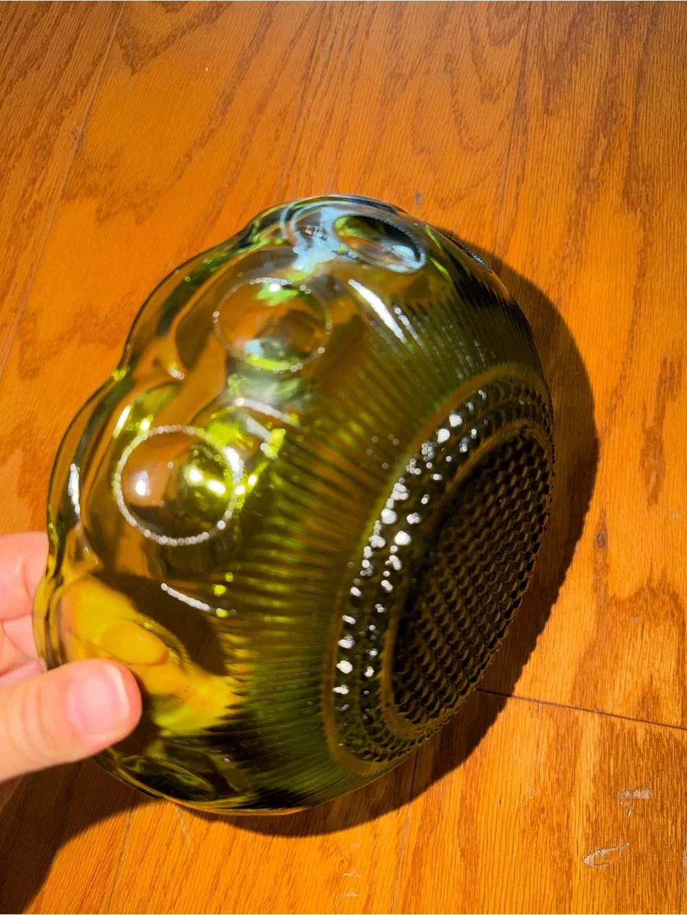 Vintage Olive Green Glass Chip & Dip Bowl Set Scallop Dotted Kitchen Home Decor